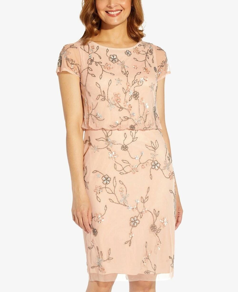 NWT Adrianna Papell Floral Hand Beaded Blouson Sort Sheath Dress Size 4